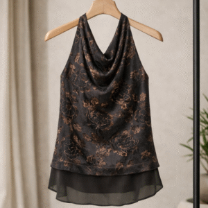 Haut dos nu en velours marron à motif floral