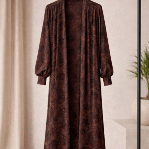Kimono long à fleurs en velours marron