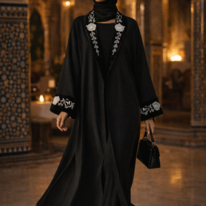 Abaya Kimono Noire Ouverte avec Broderies Florales