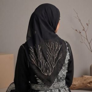 Foulard en Mousseline Noire en Perles de Verre -Coral