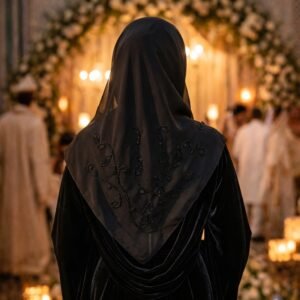 Hijab de Luxe en Mousseline de Soie Noire – Motif Liane
