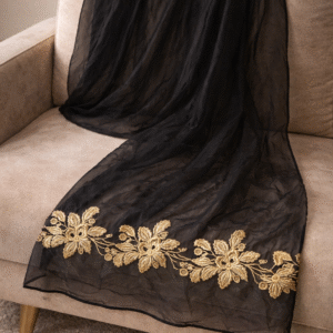 Chale Mousseline de soie Noir Brodé - Florale Royale